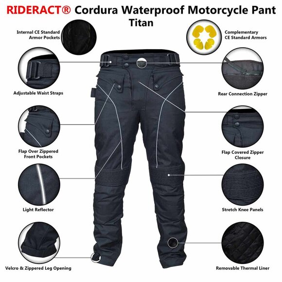 RIDERACT® Men’s Cordura Cargo Riding Pants Waterproof Motorcycle Black Jeans - Picture 8 of 9